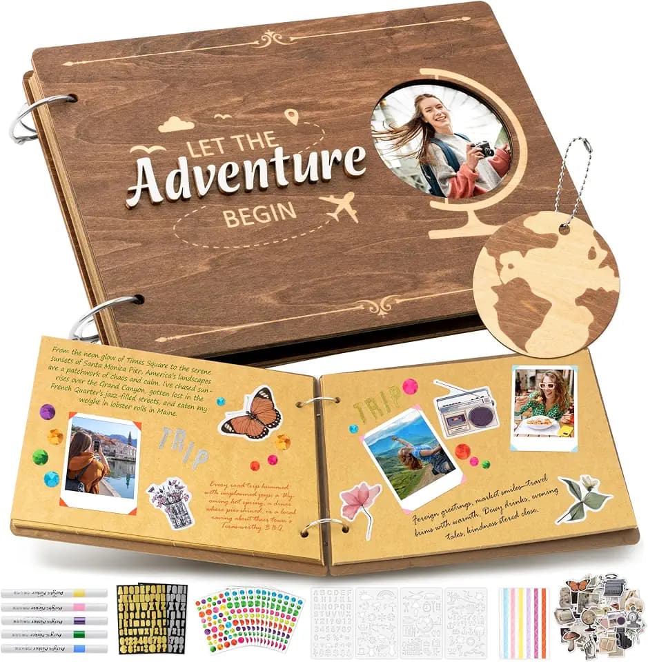 CY2SIDE Travel Photo Album Scrapbook - 111PCS Let The Adventure Begin Wooden Travel Scrapbook Craft Kit, Traveling Diary Photo Book DIY Handmade Souvenir Gifts for Adventure Lovers, Heartfelt Present