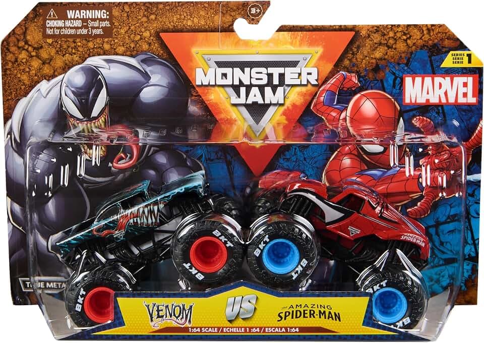 Monster Jam - Zweier-Pack Original Monster Trucks im Marvel Superhelden-Design, Venom vs. Spider-Man, Maßstab 1:64, ab 3 Jahren