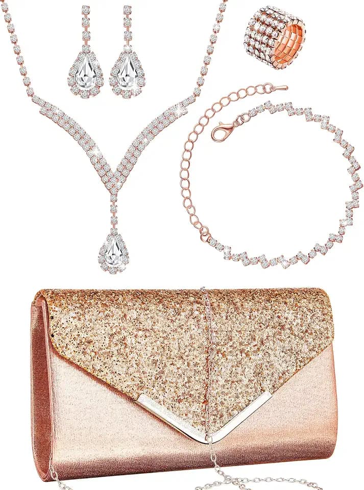 Henoyso 5 Pcs Rhinestone Jewelry Set Clutch Purse for Women Prom
