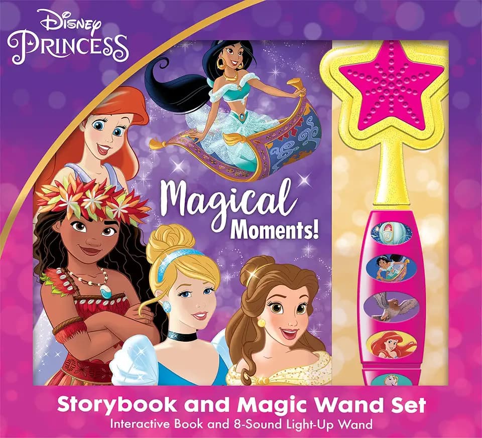 Disney Princess Moana, Belle, Cinderella, and more! - Magical Moments! Storybook and Magic Wand Toy Sound Book Set - PI Kids