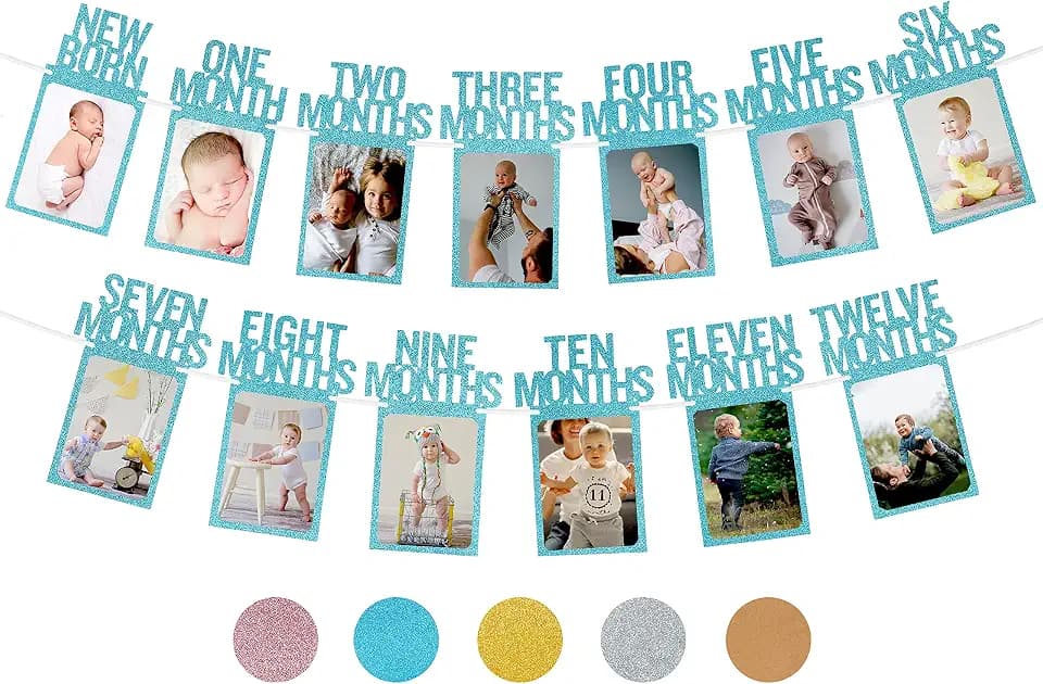 PartyHooman 1st Birthday Photo Banner for Baby from Newborn to 12 Months, First Birthday Decorations for Boys Monthly Milestones Garland | First Photo Banner Pre-strung with Frame (Blue)