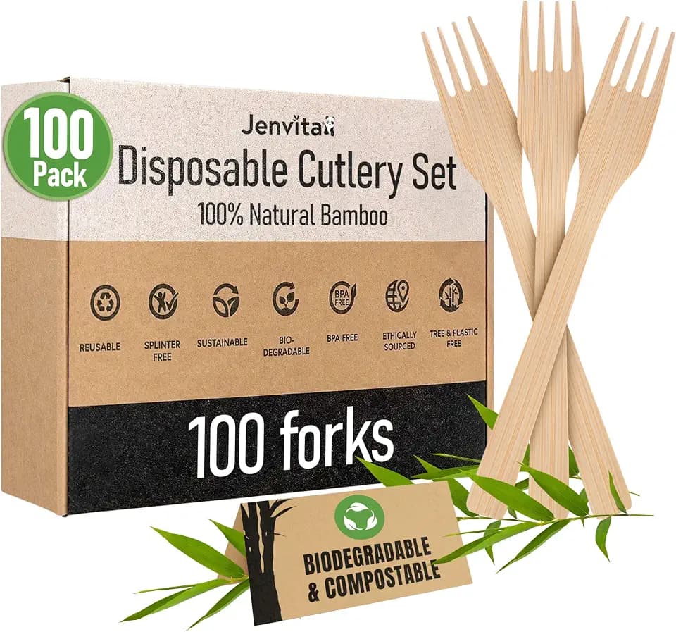 100% Bamboo Forks Set, 100 Pack, Disposable Compostable Cutlery