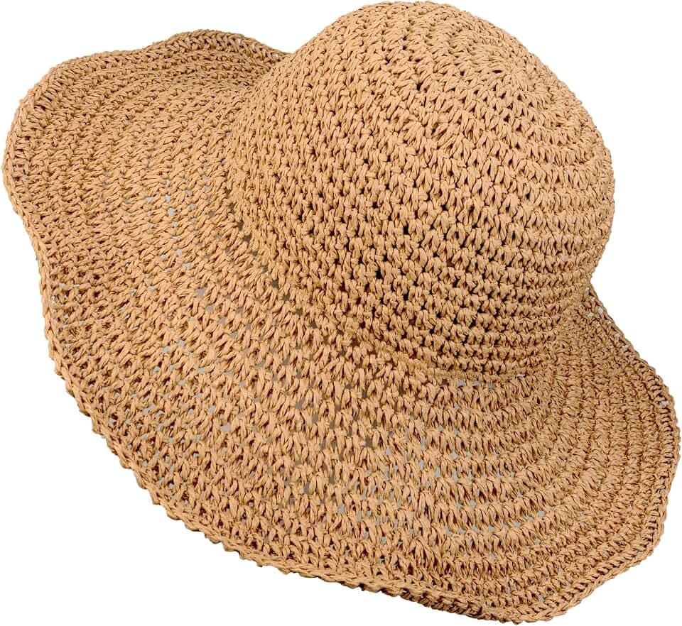Häkel-Stroh-Sonnenhut für Damen, Schlapphut, Strandhut, weich, groß, faltbar, für Reisen, Sommer, Größe M