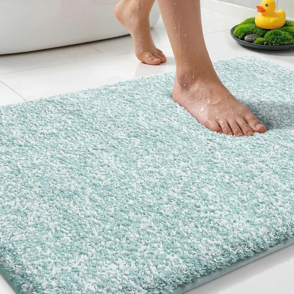 Yimobra Non Slip Machine Washable Bathroom Rug 32x20 Light Blue and White
