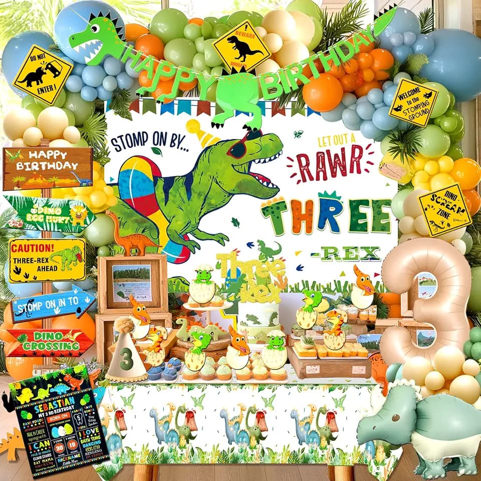 Three Rex Birthday Party Decorations Boy, Dinosaur 3rd Birthday Party Decorations Supplies, 3 Rex Backdrop Tablecloth Balloon Arch Cake Topper Birthday Banner Hat,Party Signs