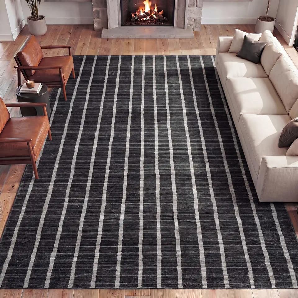 JONATHAN Y Washable Orton Distressed Ticking Stripe 5' x 8' Machine-Washable Polyester Area Rug, Charcoal and Cream, Farmhouse Vintage Style with Low Pile for Living Room WSH519C-5