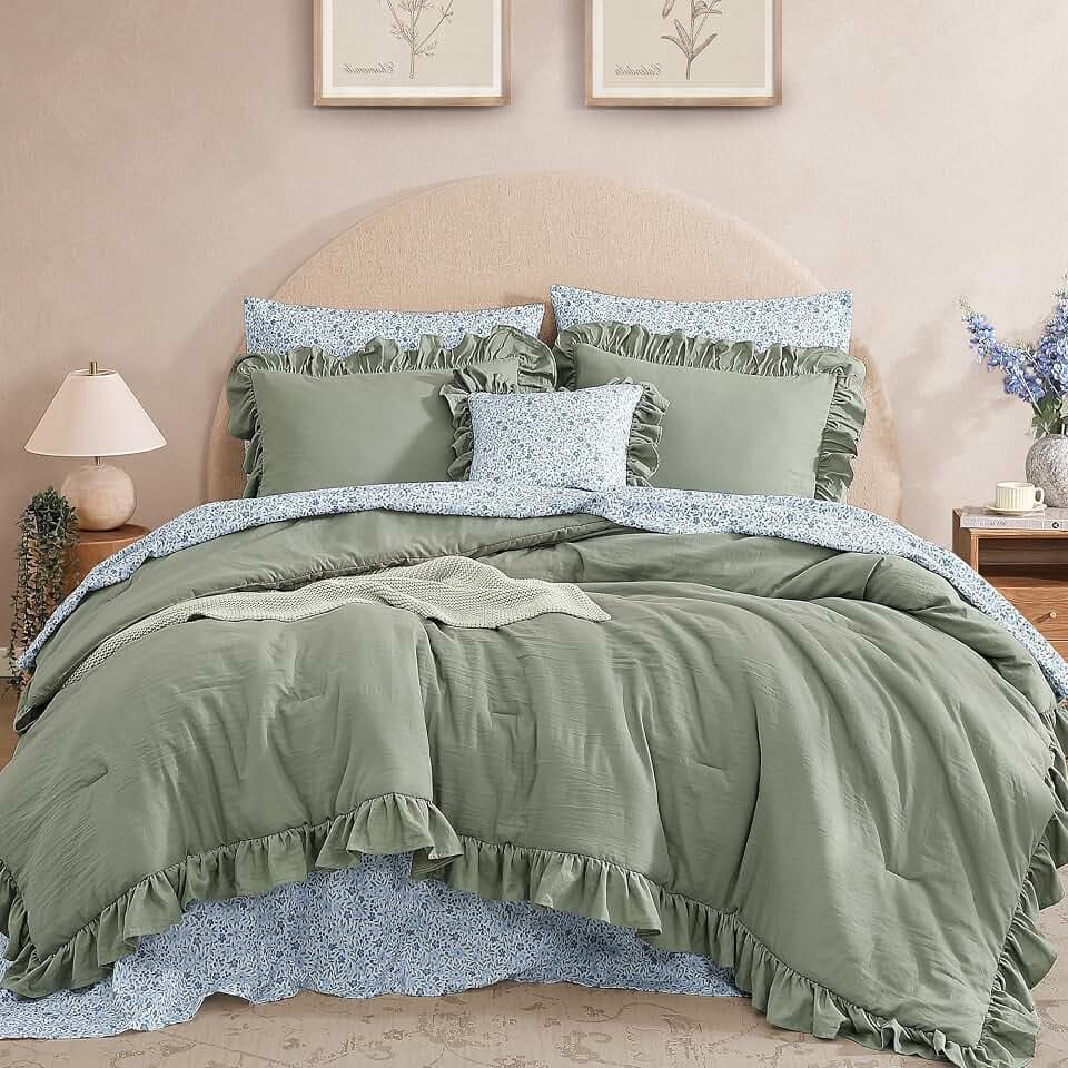 BLOOMHAVEN King Size Comforter Set-7 Pieces Ruffle Bedding Floral Sheet