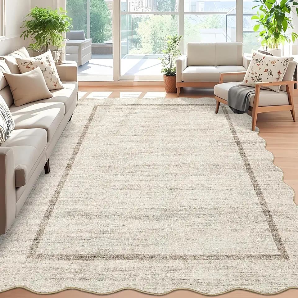 GarveeHome Scalloped Large Living Room Area Rug 6x9 Machine Washable, Beige