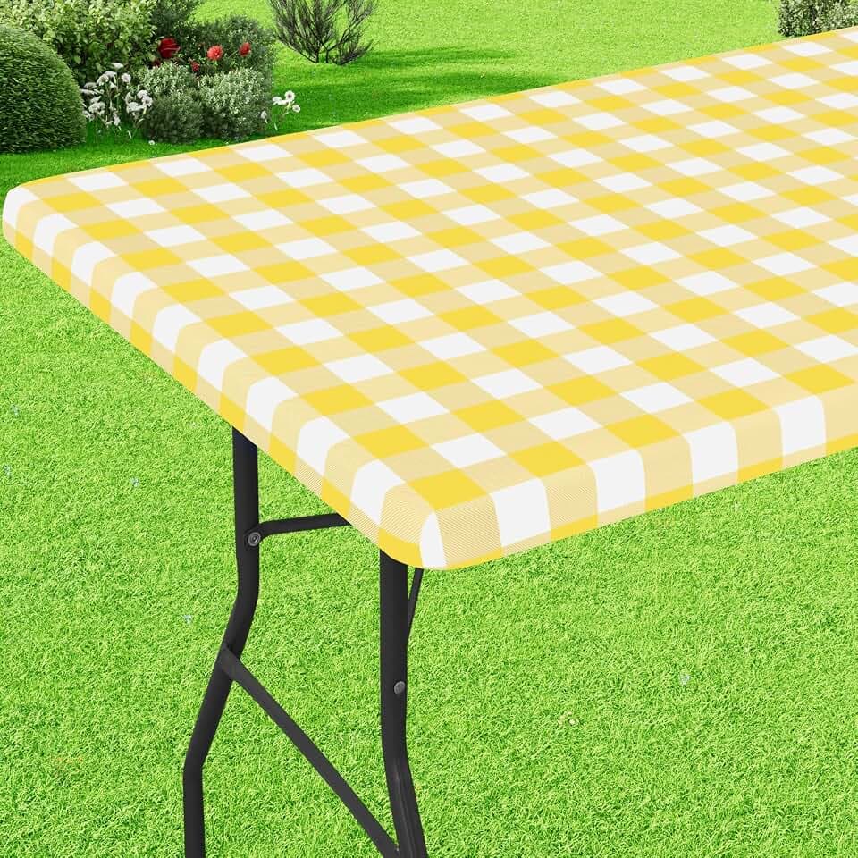 misaya Buffalo Rectangle Picnic Tablecloth, 6 Foot Elastic Fitted Vinyl Table Cloth with Flannel Backing, Waterproof Plaid Table Covers for Dining, Camping, Outdoor (Yellow and White, 30" x 72")