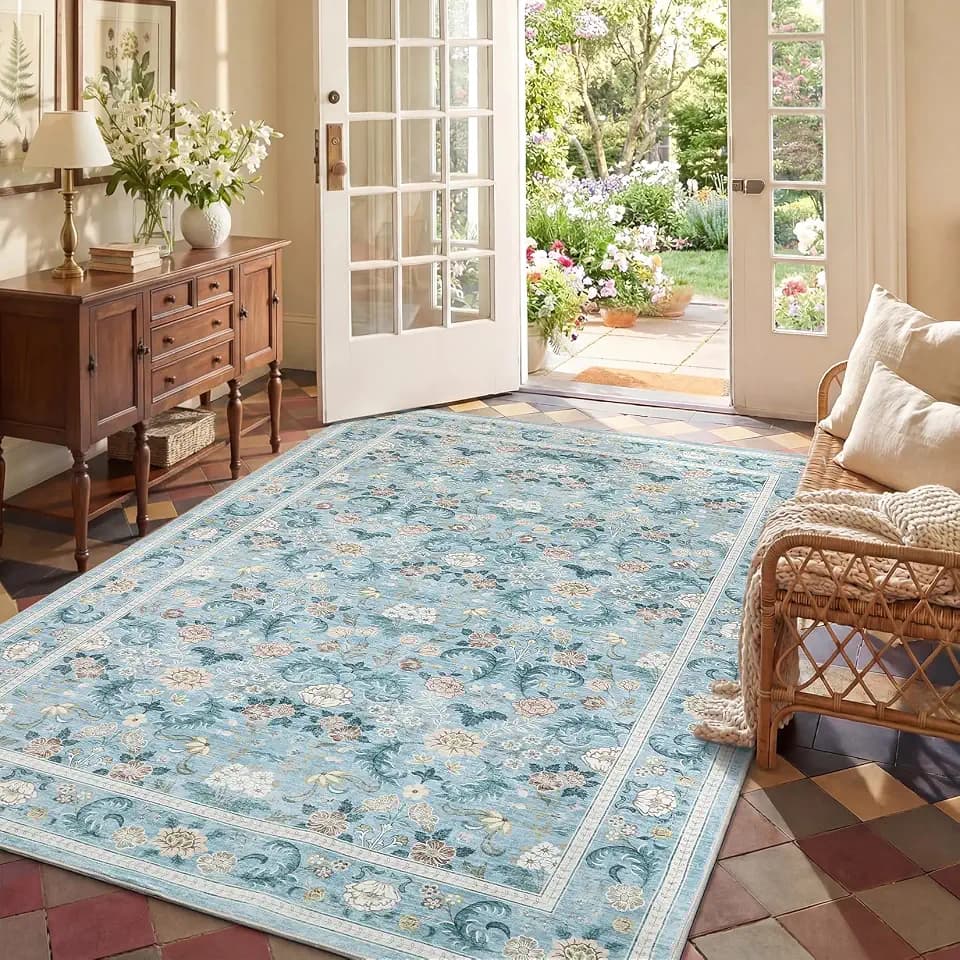 Garvee 5x7 Nursery Rugs Machine Washable Area Rugs for Living Room, Vintage Oriental Floral Non Skid Rug Stain Resistant Low Pile Carpet Foldable Farmhouse Mats for Dining Room, Entryway, Dusty Blue