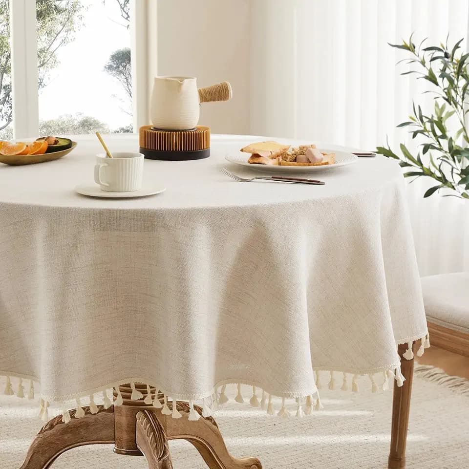 Tassel Linen Round Table Cloth, Light Tan 52 Inch