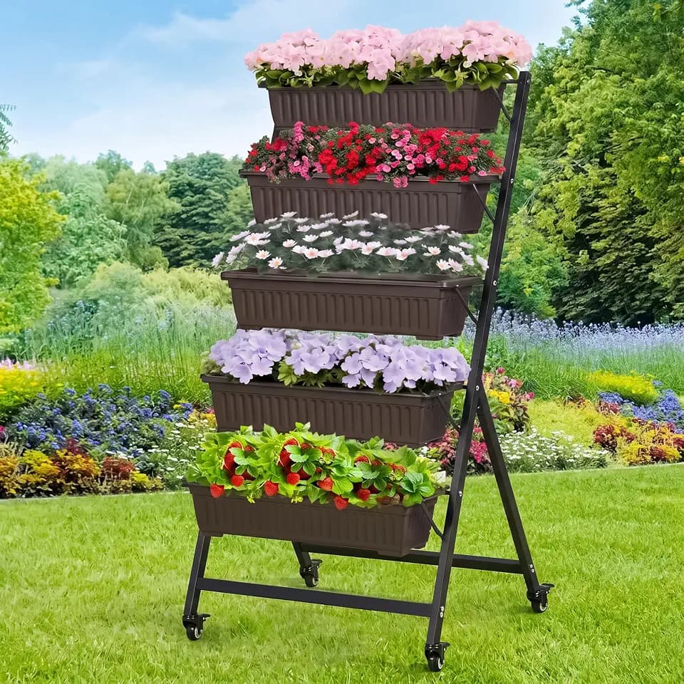 VECELO 5-Tier Vertical Garden Bed, Freestanding Elevated Raised Garden Planter with 5 Garden Planter Boxes, Lockable Caster Wheels, Drainage System, for Plants, Vegetables, Flowers, Herbs