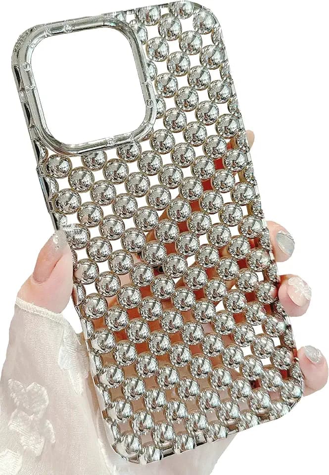 JANDM Hollow Out Compatible with iPhone 16 Pro Max Case, Fashion Beads Bubble 3D Cut-Out Design,Glossy Chrome Electroplate Silicone Glitter Breathable Case for Women Girls