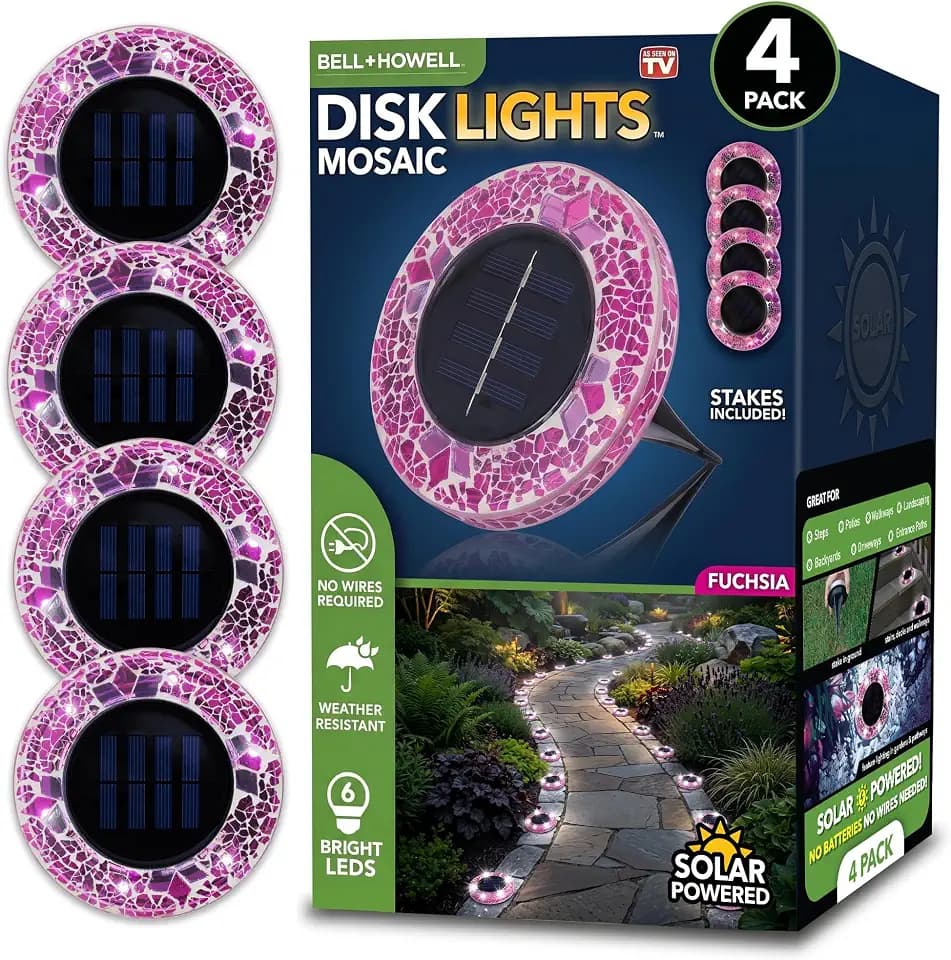 Bell+Howell 4 Pk Mosaic Solar Lights Outdoor LED Disk Pathway Lights, Pink
