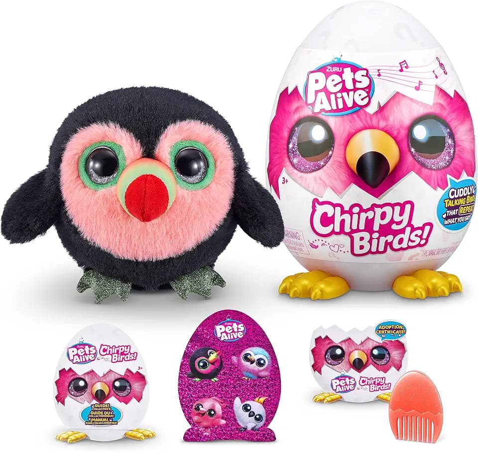 Pets Alive Chirpy Birds (Toucan) by ZURU, Electronic Pet that Speaks, Giant Surprise Egg, Stickers, Comb, Fluffy Clay, Bird Animal Plush for Girls
