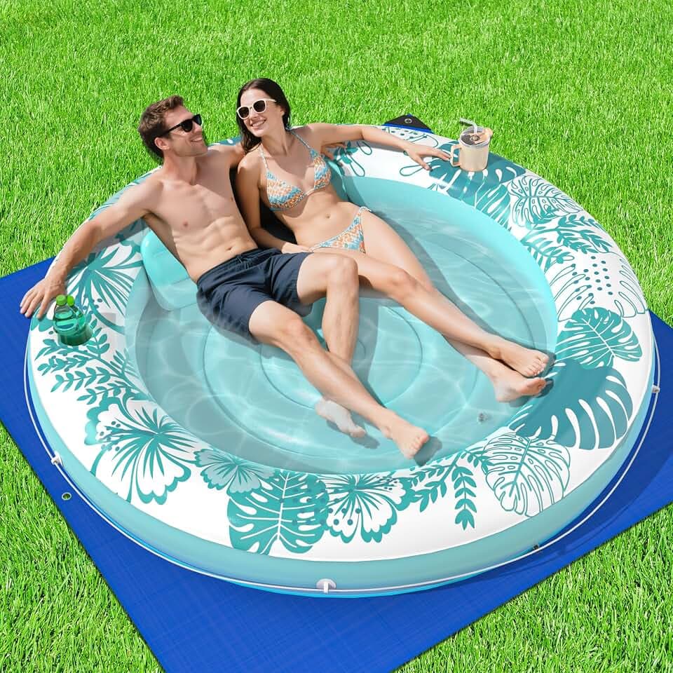 Inflatable Tanning Pool Lounger Float with Protection Tarp, 75" x 75" Pool Floats Adult with Pillow, 6 in 1 Suntan Tub Raft Floatie, Sunbathing Water Lounge Blow Up Pool Kids Ball Pit Party Gifts