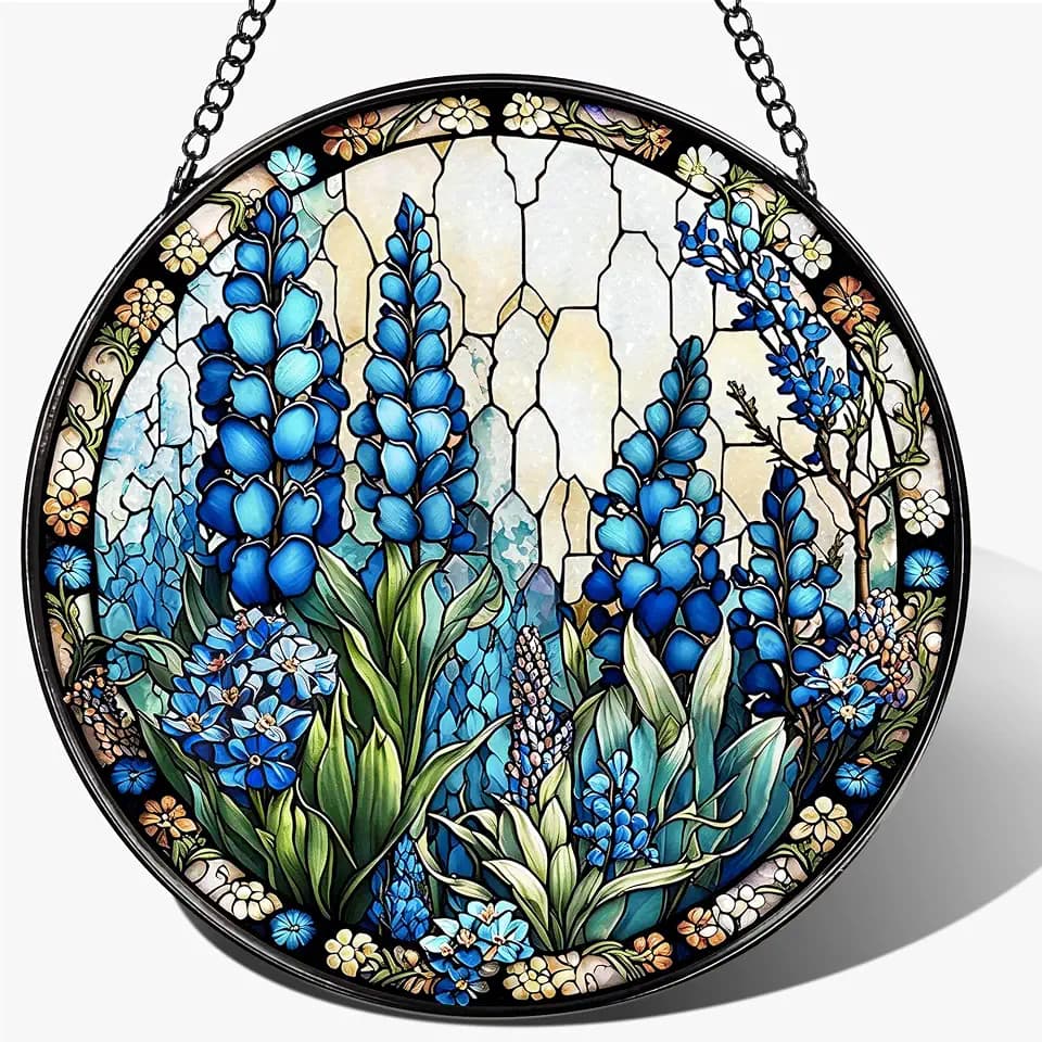 Stained Glass Window Hanging, Stained Glass Suncatcher, 8" Field of Texas Bluebonnets Sun Catchers Indoor Window Ornaments – Christmas Mother's Day Birthday Gifts for Women, Friends, Mom, Grandma