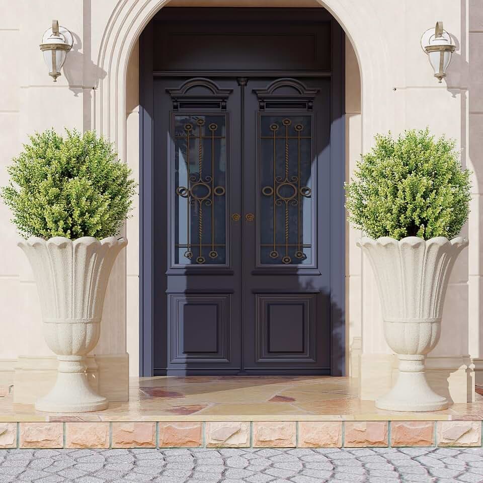 24" Tall Urn Planters Set of 2, Beige Outdoor Planter for Porch