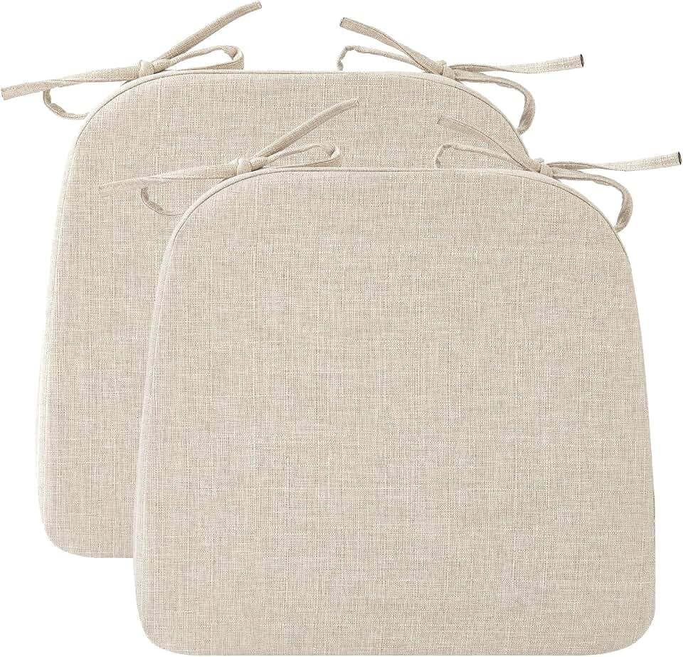 Ruqmuis Chair Cushions for Dining Chairs, 2" Thick Seat Cushions for Kitchen Chairs, D-Shaped Chair Pads with Washable Cover, Ties and Non Slip Backing, 17'' x 16'', Set of 2, Beige