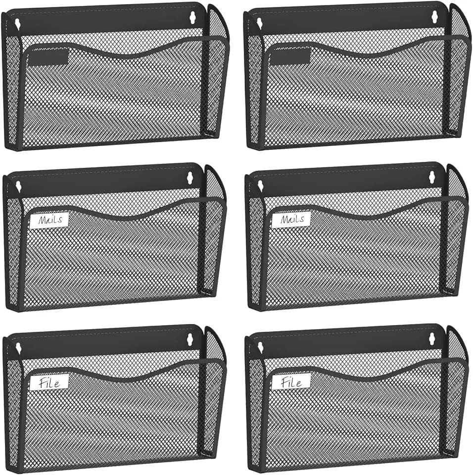 BOHDK Wall File Organizer, 6 Single Pockets Mesh Hanging File Organizer, Mount Document Magazine Rack with Labels, Hanging File Folders for Office, Home and School, Black