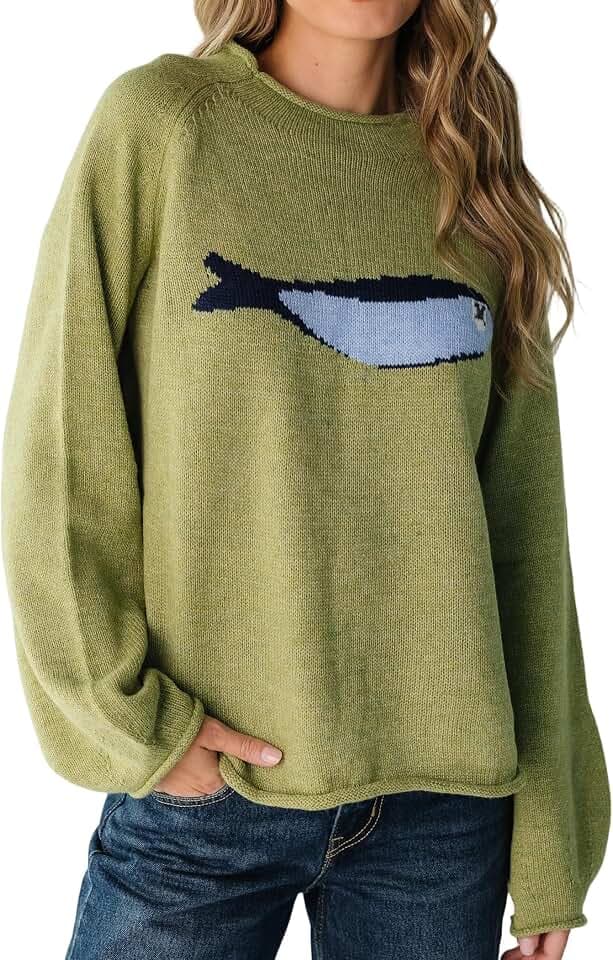 Women's Oversized Roll Neck Cute Animal Graphic Sweater Long Sleeve Chunky Knit Pullover Tops Casual Patterned Knitwear