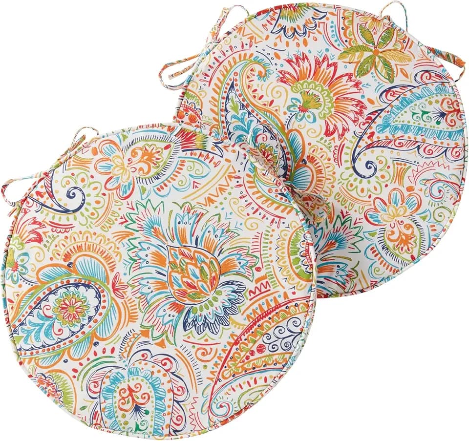 Set of 2 Outdoor 18 inch Round Patio Dining Chair Pads – Comfortable Fiber-Filled Seat Cushions with Ties, Reversible Polyester Fabric, Jamboree Paisley