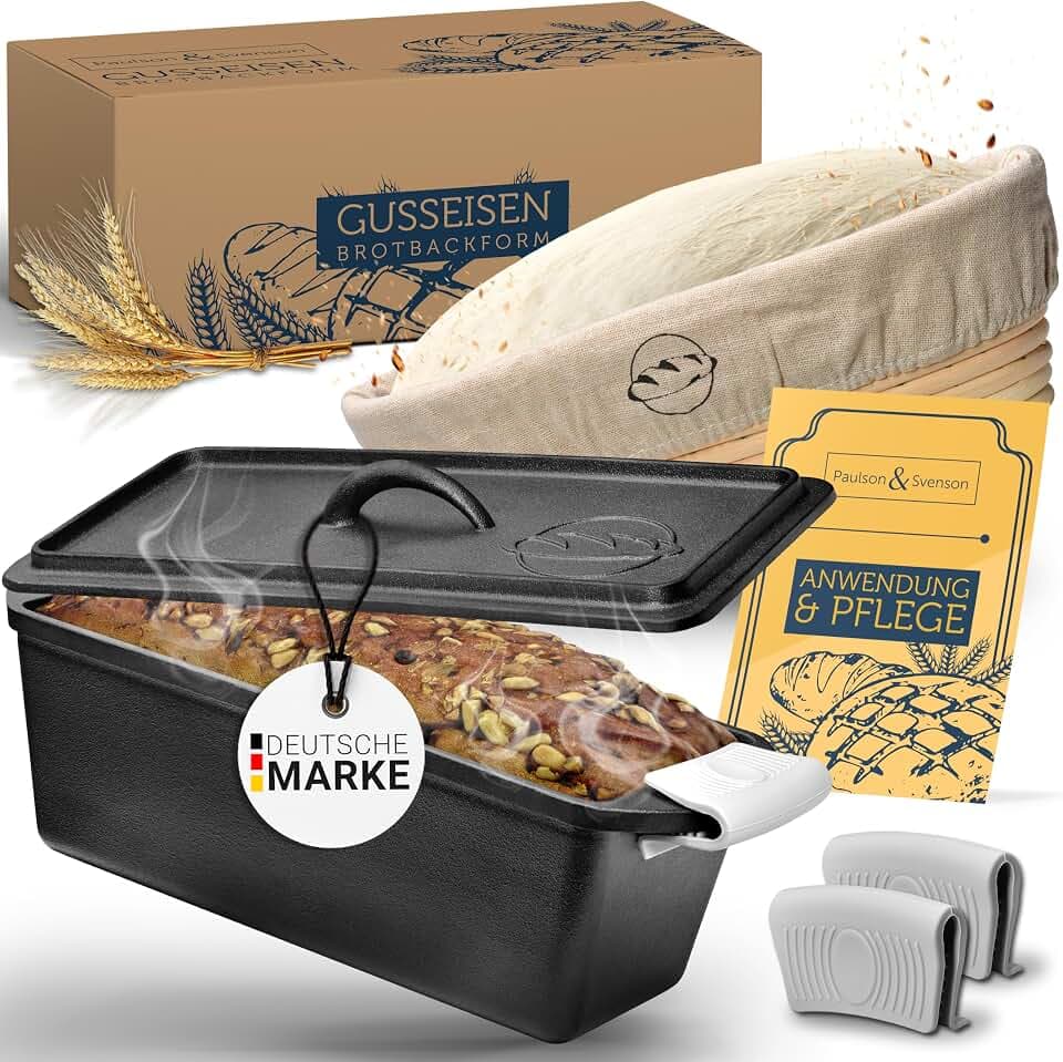 Brotbackform mit Deckel inkl. Gärkorb & Silikongriffe - Brotform aus Gusseisen zum Backen, Kochen, Grillen - Brottopf/Gusstopf in Kastenform (rechteckig) für frisches Kasten-Brot