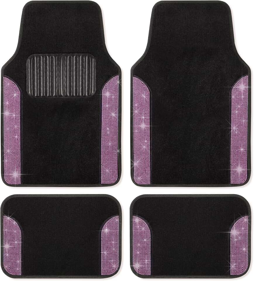 Carbella Diamond Bling Car Mats 4-Piece Set, Shiny Rhinestone Crystal Carpet Car Floor Mats, Two-Tone Floor Mats for Cars, Cute Automotive Interior Car Accessories for Women (Light Pink)