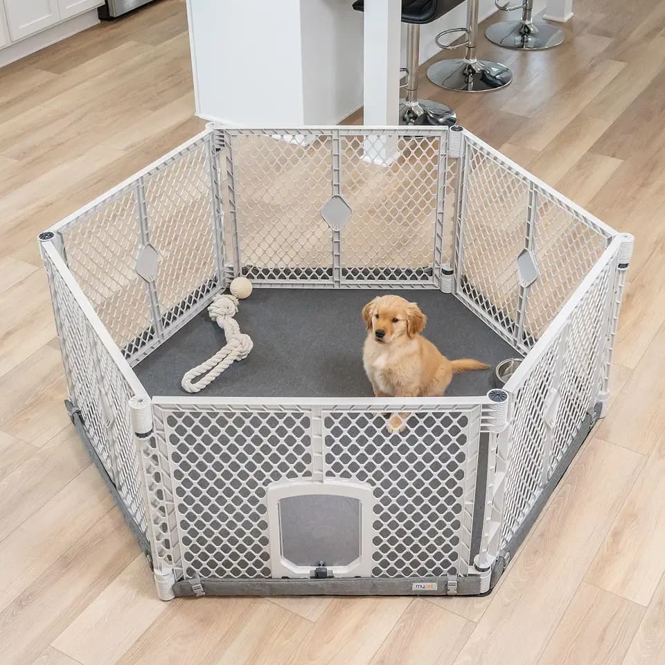 MyPet Petyard Protect Bundle: Freestanding 6-Panel Light Gray Pet Yard with Lockable Pet Door and Graphite SecureMat for Pets, Indoor/Outdoor Portable Dog Pen