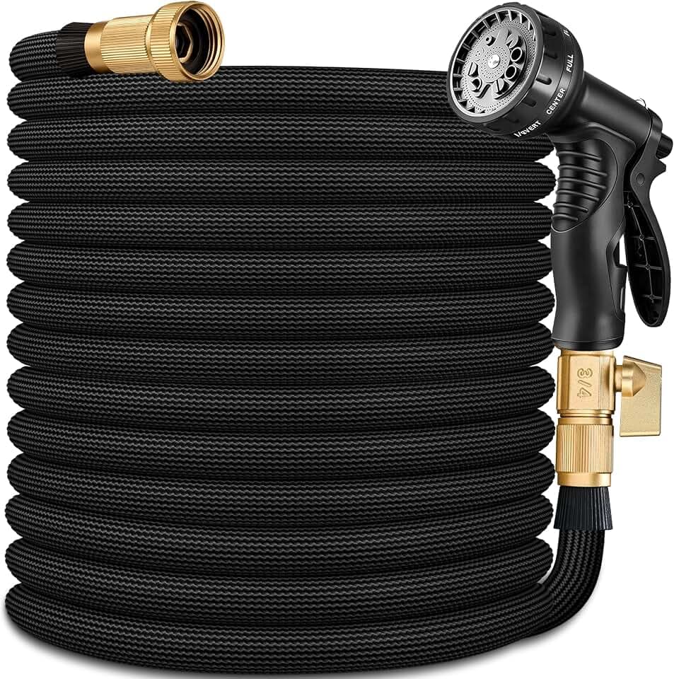 Flexible Garden Hose 50 FT, Ultra Lightweight Water Hoses 50FT w/10 Function Sprayer and 3/4" Brass Fittings, Kink-Free, Sturdy, Abrasion Resistant for Yard, Lawn, Outdoor and Gardening(Black)