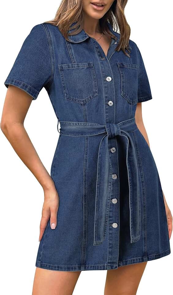 Jeanskleid Damen Sommer,Kurzärmelige Button Down Denim Shirt Kleider