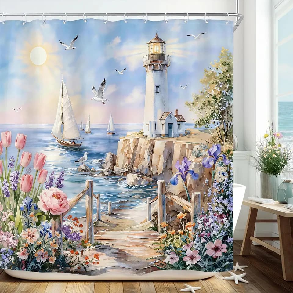 Nautical Lighthouse Shower Curtain Beach Ocean Coastal Bathroom Decor