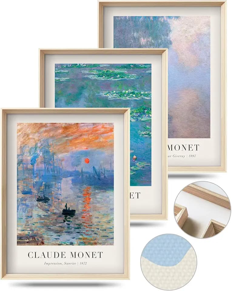 HesenDot Framed Claude Monet Water Lilies Canvas Wall Art Set of 3 12x16in