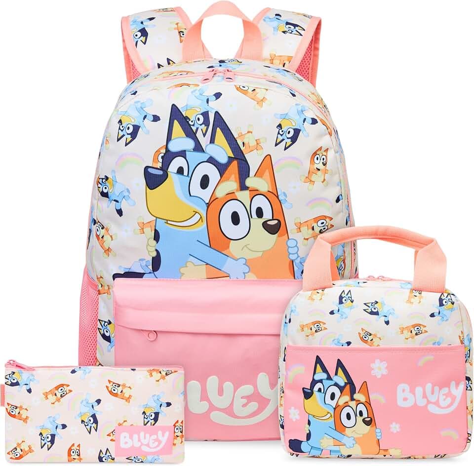 Get Trend Bluey Großer Rucksack Kinder 3er Set, 46 cm Kinderrucksack mit Federmäppchen und Isolierte Lunchtasche, Schulrucksack Set für Schule und Freizeit (Multi Bluey)