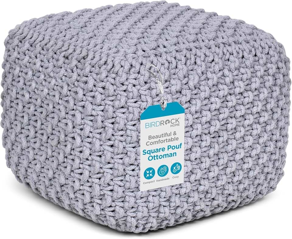 BIRDROCK HOME Square Pouf Ottoman - Cotton Braided Foot Stool with Bean Bag Filling - Compact and Comfortable Seating, Lightweight and Sturdy Boho Foot Rest for Living Room or Bedroom (Grey)
