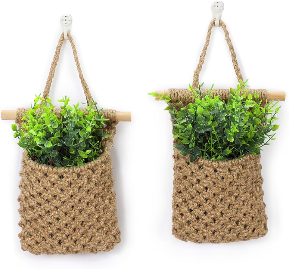 2 Packs Macrame Wall Planters with Faux Eucalyptus, Wall Decor