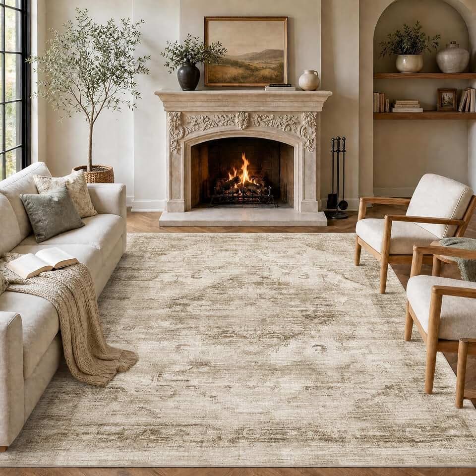 Garvee Beige Boho Washable 5x7 Area Rug for Bedroom Living Room