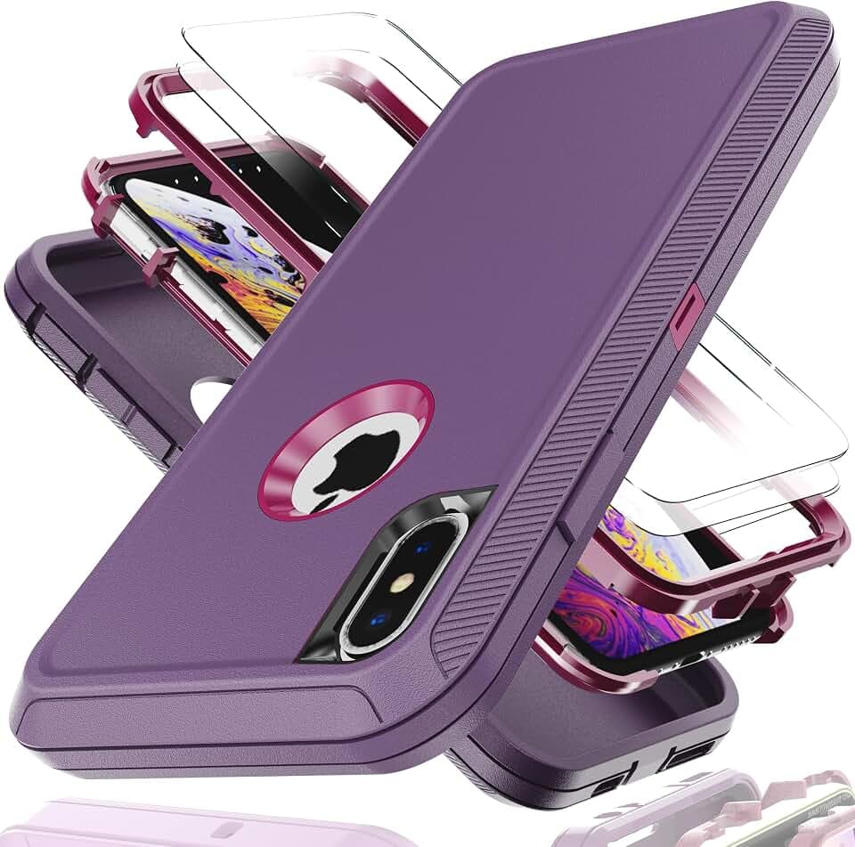 for iPhone Xs MAX Case with Explosion-Proof Film[2 Pack],3 in 3 Shockproof TPU Hard PC Bumper Drop-Proof Shell for iPhone Xs MAX,Purple/Red