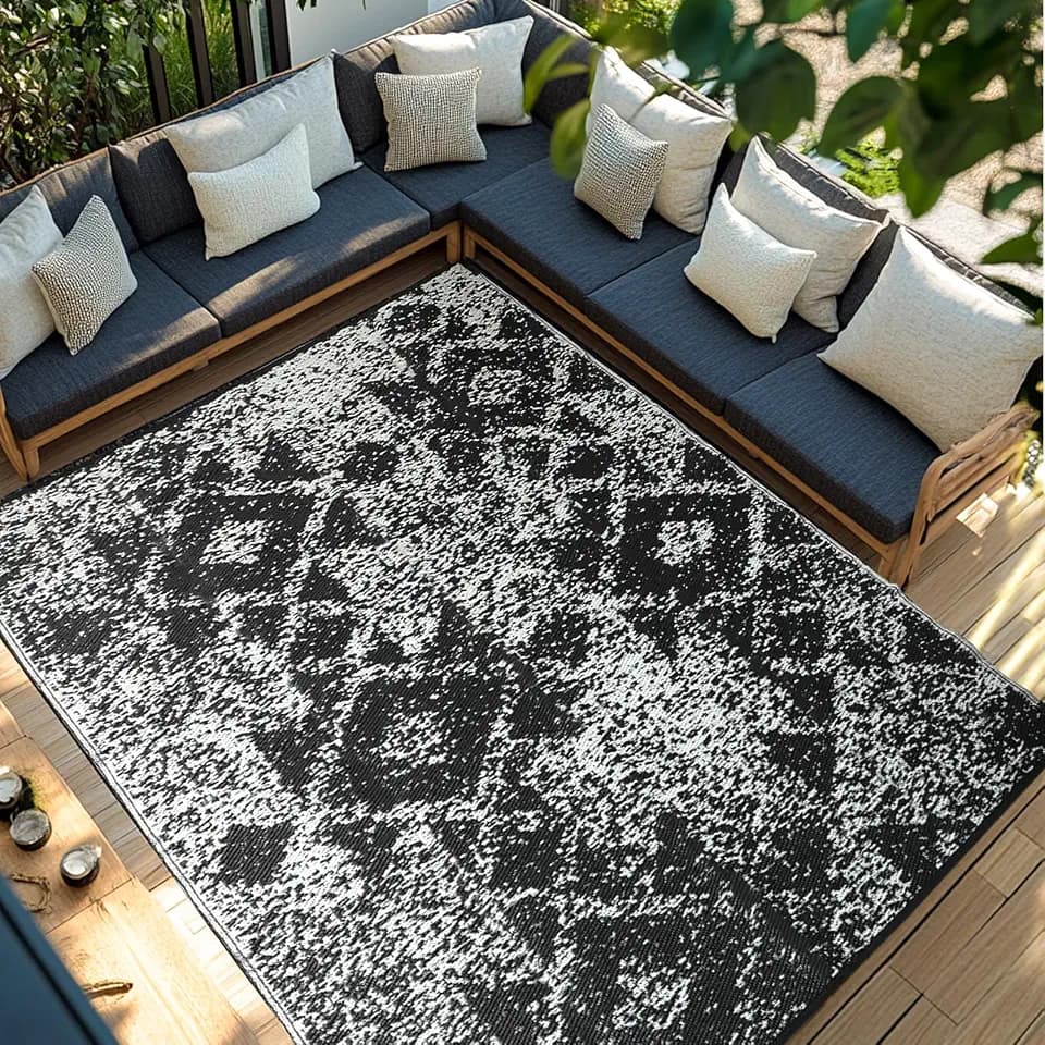 PASAMIC 9x18ft Outdoor Rug Waterproof, Reversible Plastic Straw Outdoor Patio Rug Clearance, Portable Indoor Outdoor Carpet for Patio, RV, Deck, Balcony, Backyard, Picnic, Beach, Mosaic Gray