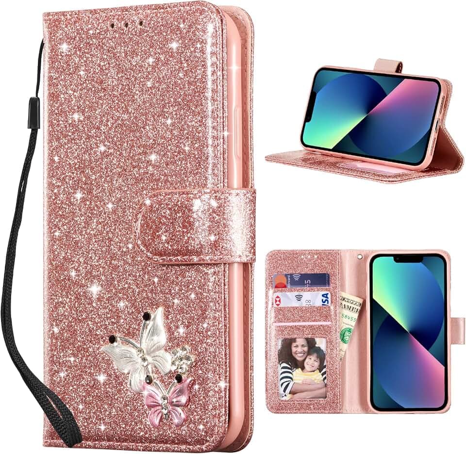 QLTYPRI Hülle für iPhone 13 Hülle, Glitzer Handyhülle PU Ledertasche TPU Etui Handschlaufe Kartenfach mit Eingelegten Glitzer Schmetterling Diamond Flip Schutzhülle für iPhone 13 - Grün