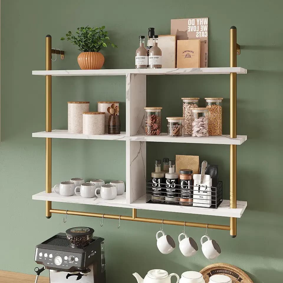 Bestier Küchenregale, wandmontiert, schwebendes Rohrregal, 3 Etagen, 105,4 cm, Kaffee-Bar-Regal mit Halter, Wand-Display, Aufbewahrungsregal, Küchenorganisation und Heimdekoration, weißer Kunstmarmor