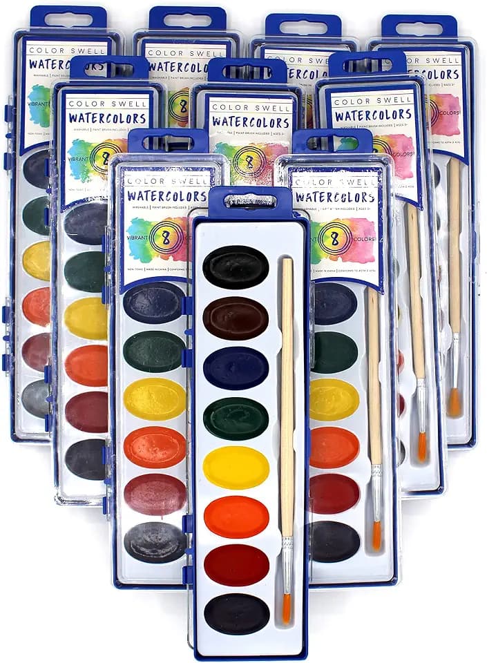 Color Swell 8 Color Bulk Watercolors with Wood Brushes, 10 Pack