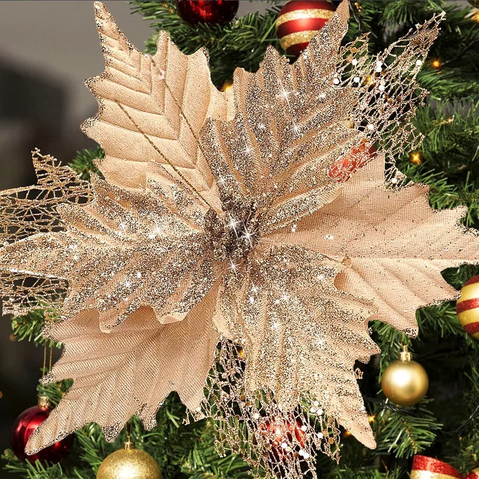 10'' Large Christmas Glitter Poinsettia Flowers Decorations, stadeco 10 Pcs Christmas Tree Picks Ornaments Artificial Flowers with Long Stems for Xmas Tree Wreath Garland Party DIY Holiday Decor