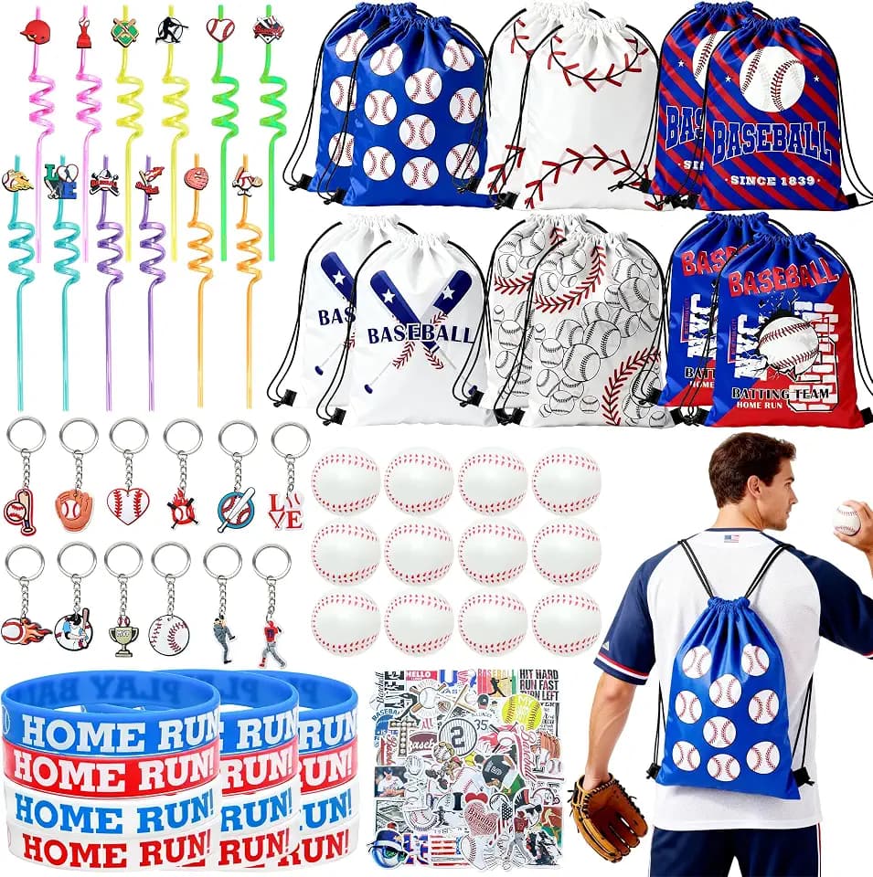110 Pcs Baseball Party Favors Baseball Goodie Bags Including 12 Baseball Drawstring Bags Stress-relieving Baseball Straws Keychains Silicone Wristband and Stickers for Baseball Party Gift.