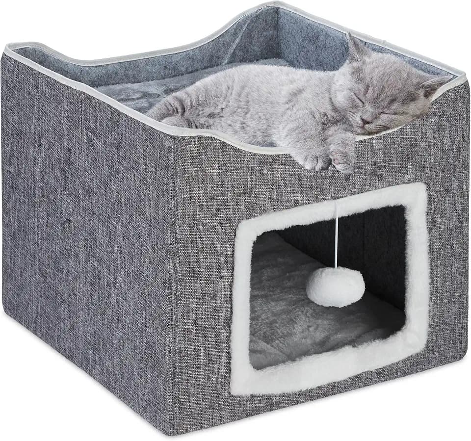 Relaxdays Katzenhöhle, HxBxT: 32 x 40 x 40 cm, Kratzfläche, Katzenspielzeug, 2 Katzenkissen, faltbares Katzenhaus, grau