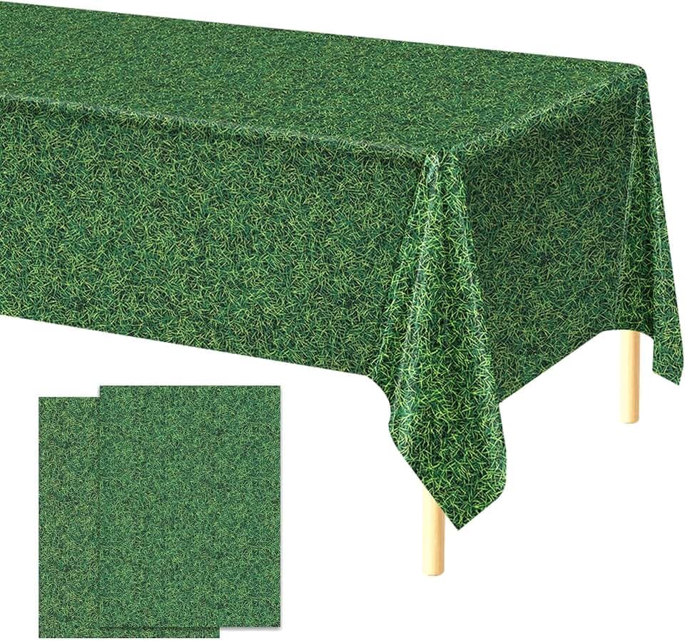 Kochorie 2 Pieces Green Grass Field Plastic Tablecloth 54 x 108 Inches Disposable Grass Print Table Covers for Sports Theme Game Day Birthday Parties Decorations