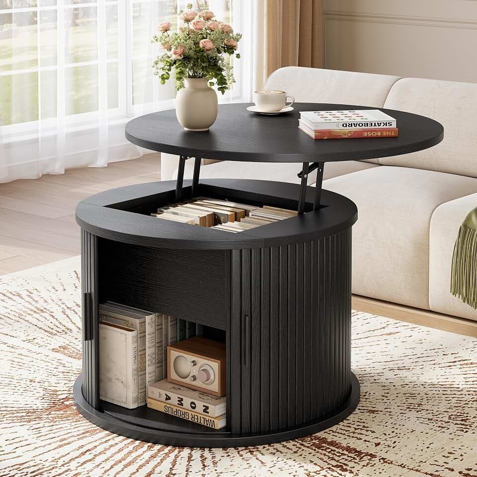 Round Lift Top Coffee Table, 23.6" Fluted Drum Coffee Table with Large Hidden Storage for Living Room, Center Table with Sliding Rolling Door for Small Spaces, Apartment, Home Office, Black