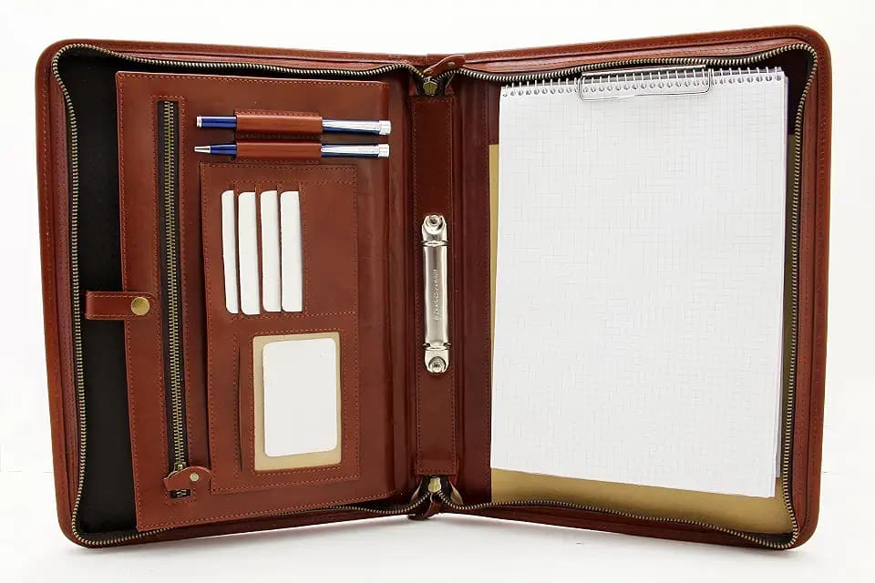 Konferenzmappe, A4, italienisches Leder, Ringbuch, Klemmbrett mit Griff cognac