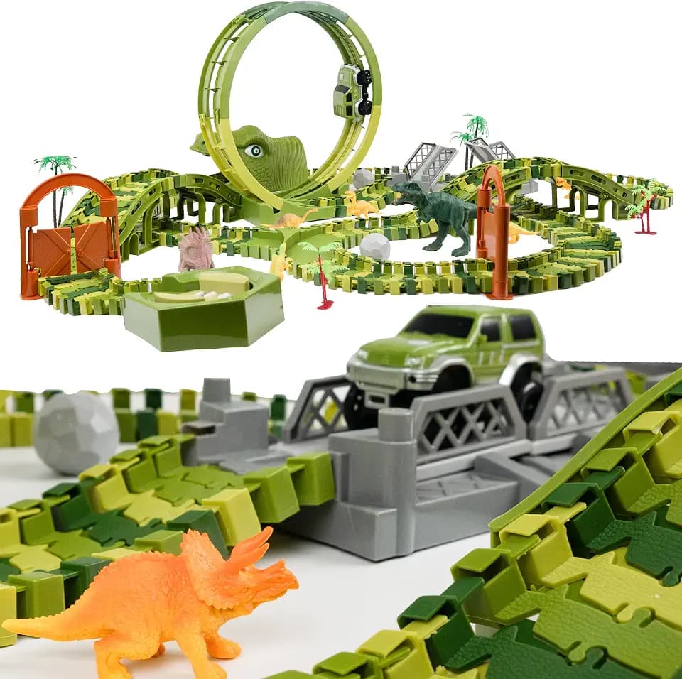Dinosaurier Rennbahn flexibel mit Looping und Geländewagen, Set D-324
