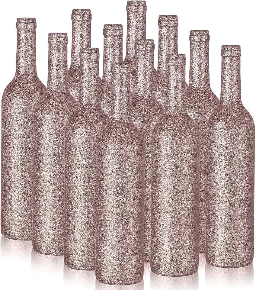 Sliner 12 Pcs Glitter Wine Bottles Glass 750ml Wedding Vase, Rose Gold